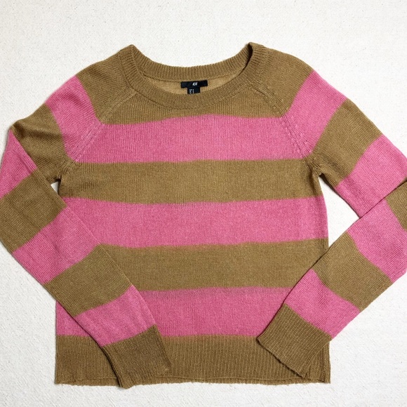 Hu0026M | Sweaters | Hm Caramel Brown Pink Striped Crewneck Sweater M | Poshmark